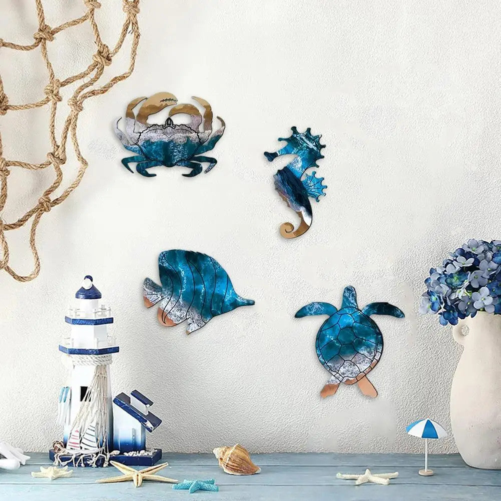 4 Pcs Coastal Ocean Wooden Wall Signs - Beach Decor, Sea Life Hangings