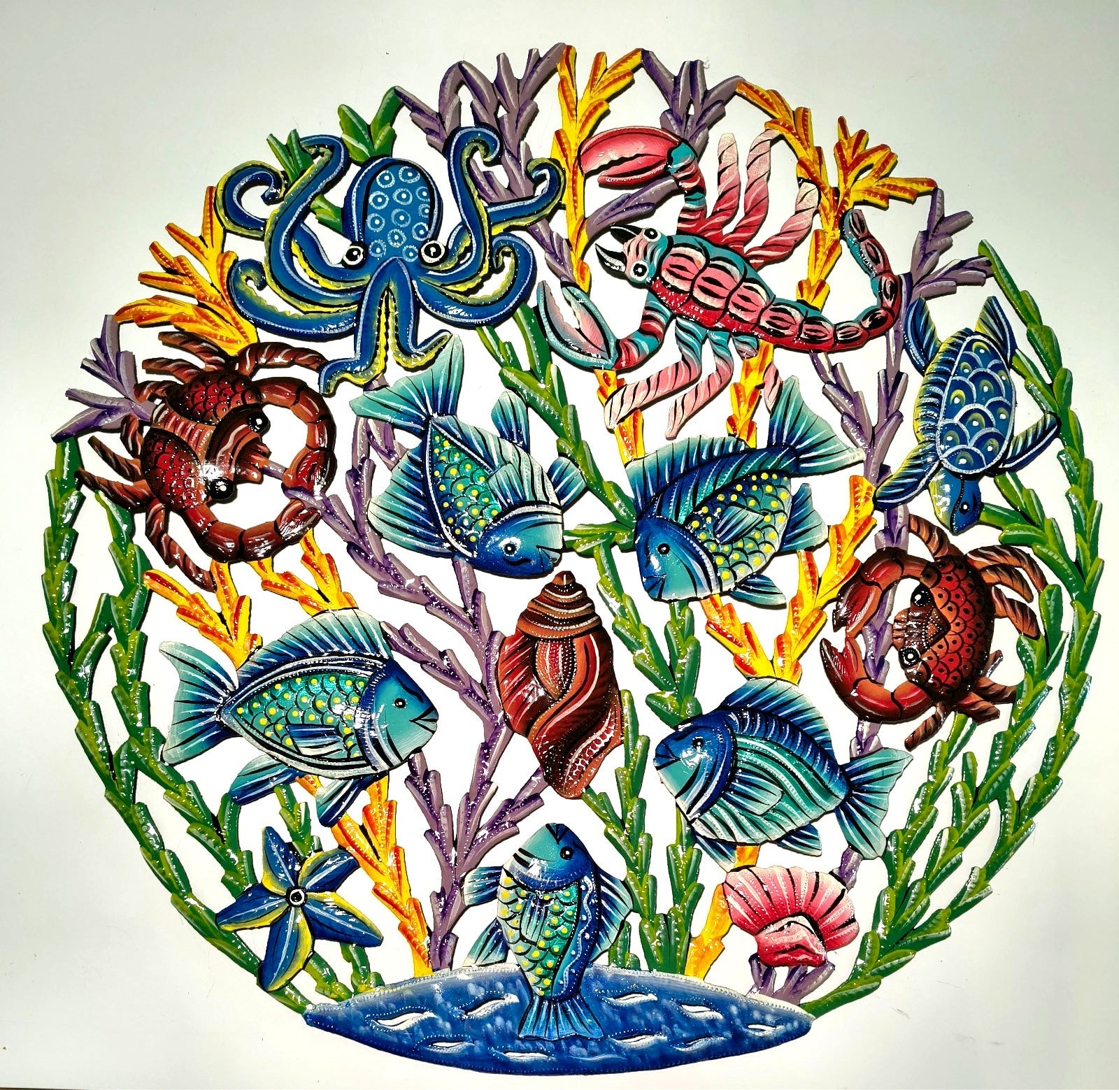 23 inches Oil Drum Top Multicolor Fish Made in Haiti Hand Made Metal Drum Art