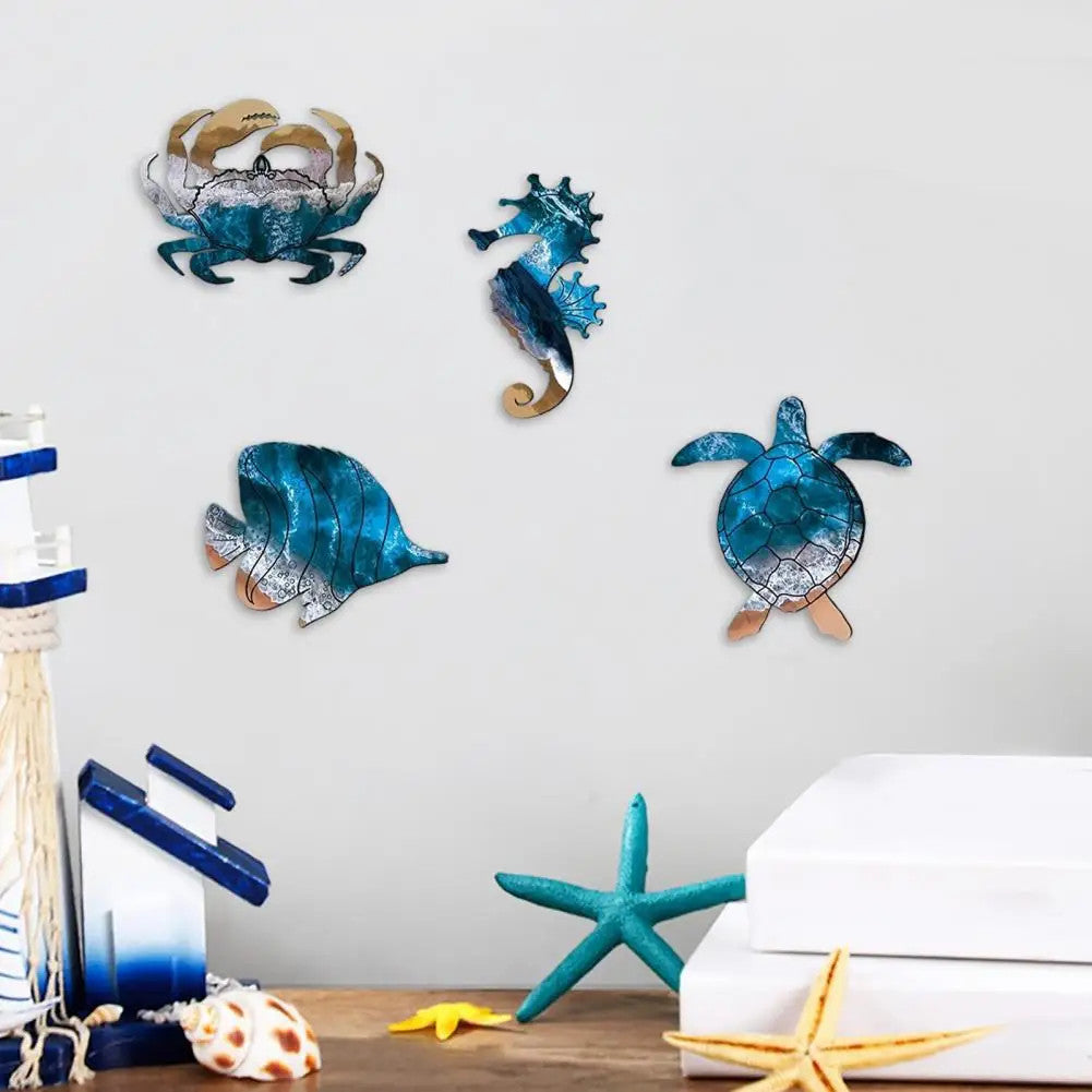 4 Pcs Coastal Ocean Wooden Wall Signs - Beach Decor, Sea Life Hangings