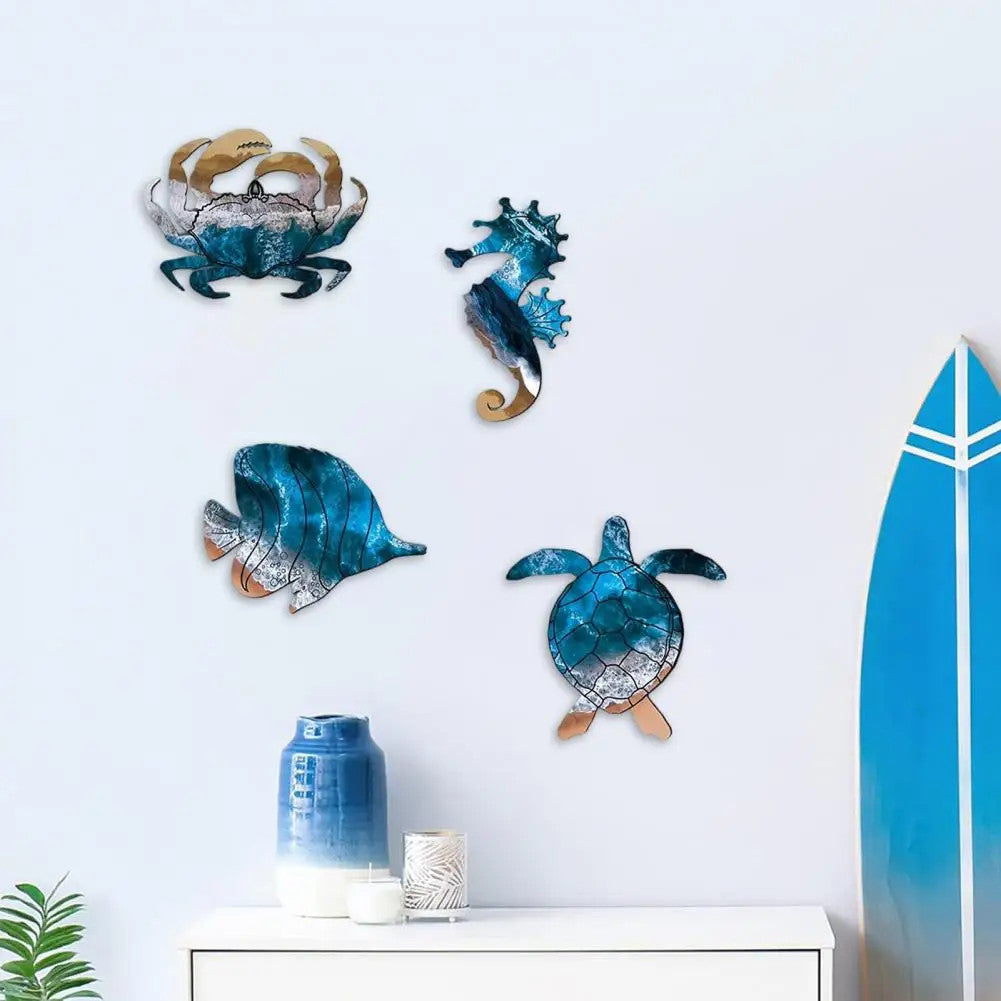 4 Pcs Coastal Ocean Wooden Wall Signs - Beach Decor, Sea Life Hangings