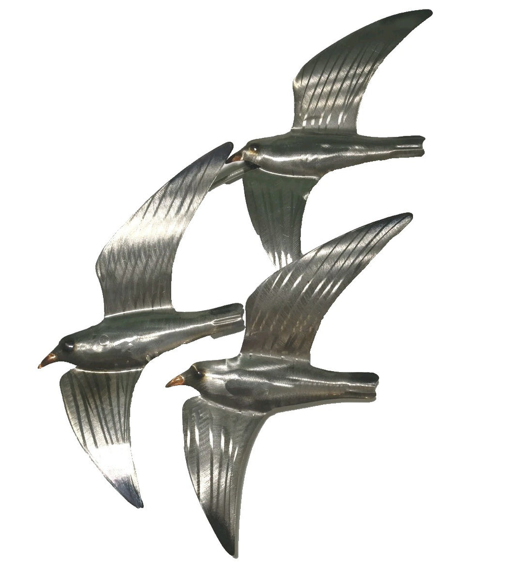 19″ High x 10″ Wide Flock of Metal Silvery Wall Seagulls